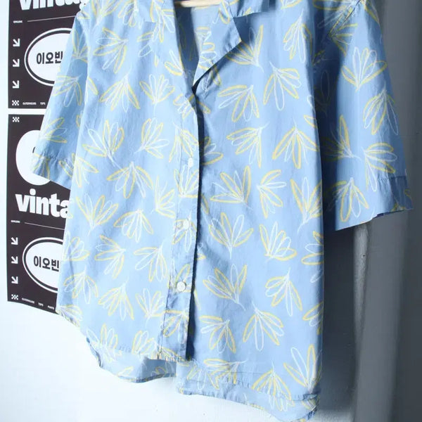 [BUNJANG] Uniqlo Hawaiian Short-Sleeve Collar T-Shirt Blue / W(M) 유니클로 반팔 카라 티셔츠 셔츠 남방 하와이안 블루-H35481