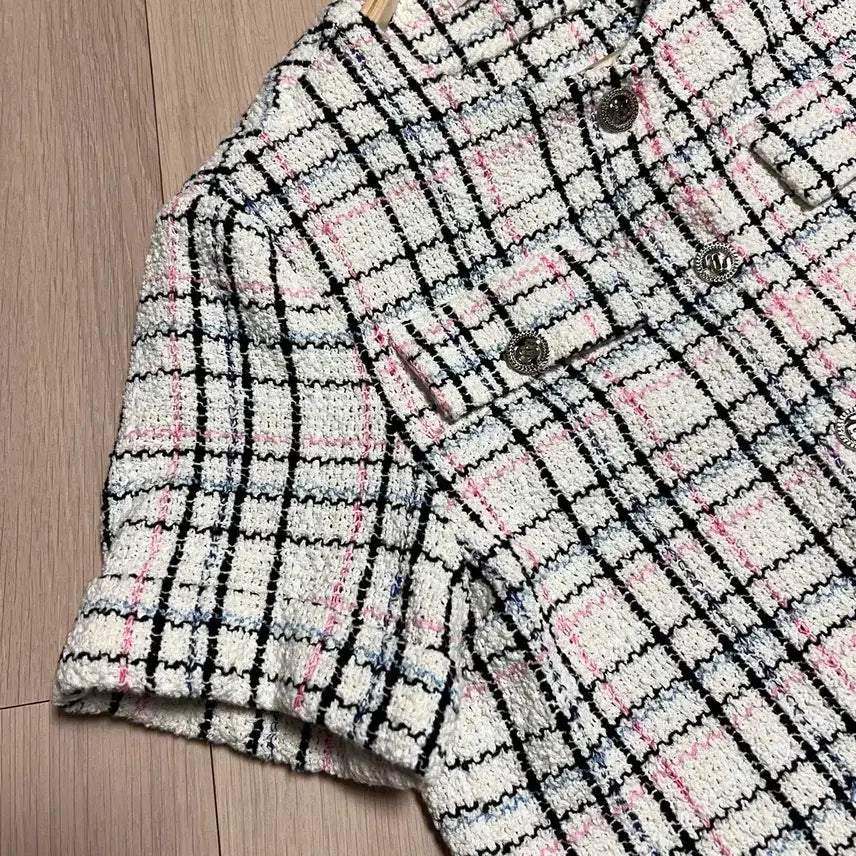 [BUNJANG] Maje Ivory Tweed Short-Sleeve Jacket Blouse with Fringe / 마쥬 반팔 트위드 반팔 자켓 겸 블라우스 MAJE 아이보리 봄 여름 하객룩 프린지 핑크