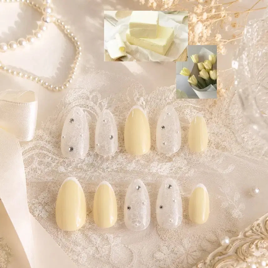 [BUNJANG] Butter Yellow French Lace Handmade Nail Tips / 버터옐로우 프렌치 레이스 수제네일팁