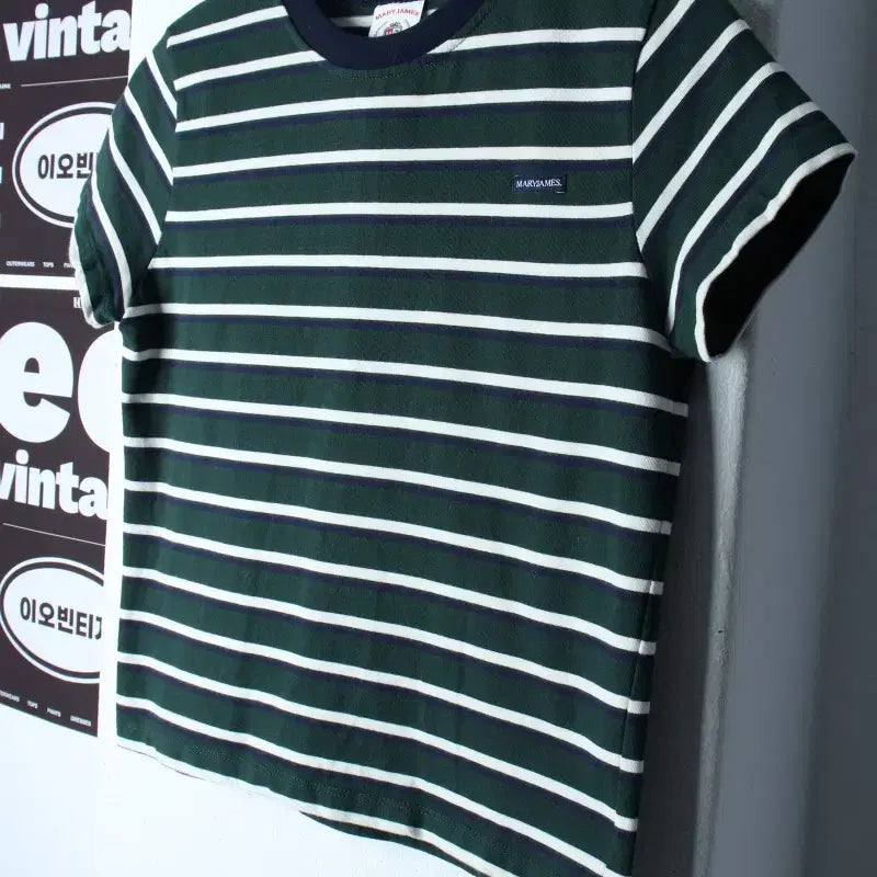 [BUNJANG] Striped Mary Jane Short Sleeve T-Shirt - Green / W(F) 메리제인 반팔 티셔츠 스트라이프 그린 올드스쿨-H35438