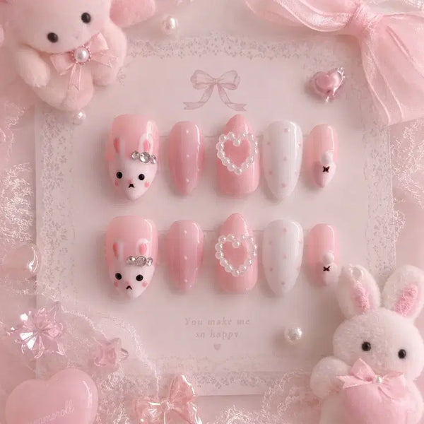 [BUNJANG] Handmade Nail Tips - Strawberry Milk Bunny Heart Dot Design / 딸기우유 토끼 하트 도트 수제네일팁