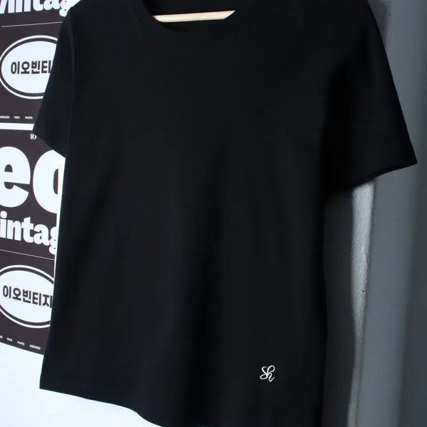 [BUNJANG] She's Missing Basic Short Sleeve T-Shirt, Black, Semi Crop, Unisex / W(XL) 쉬스미스 반팔 티셔츠 무지 블랙 세미크롭 놈코어-H35449