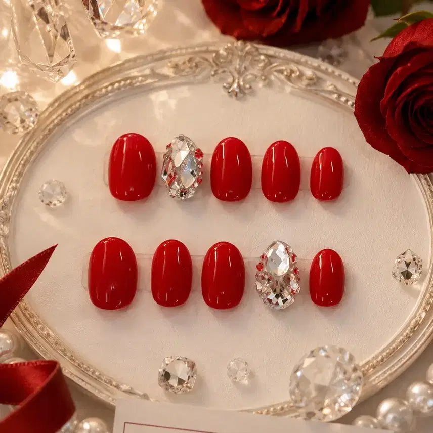 [BUNJANG] Ruby Red Full Stone Handmade Nail Tips / 루비레드 풀스톤 수제네일팁