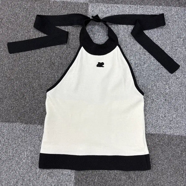 [BUNJANG] Lucky Chouette Color-Blocked Halterneck Knit Top / 럭키슈에뜨 배색 홀터넥 니트 FREE