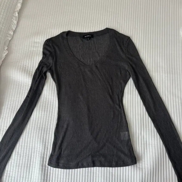 [BUNJANG] Charcoal See-Through Long Sleeve V-Neck Top / 차콜 시스루 롱슬리브