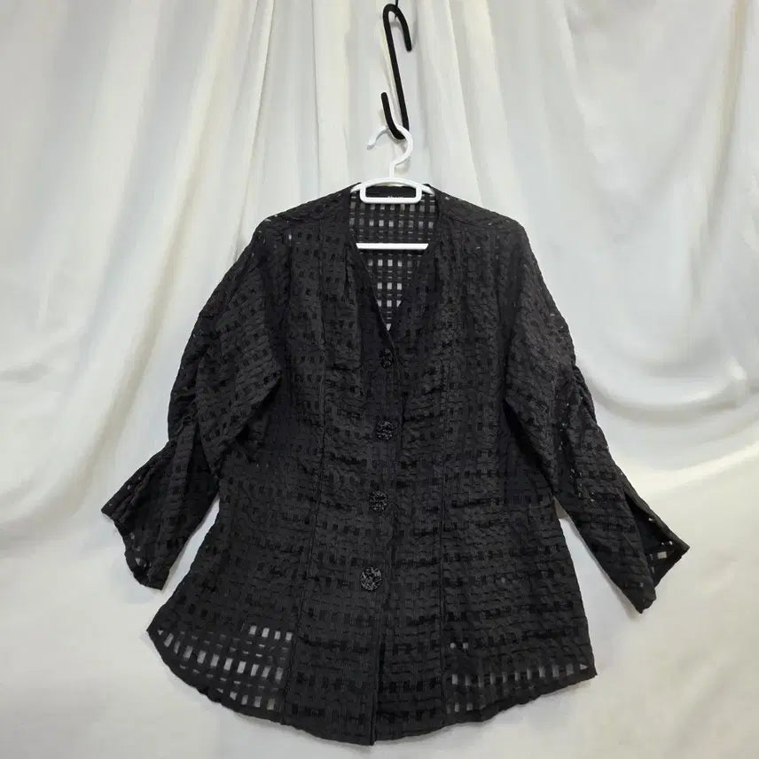 [BUNJANG] Acma Micano Black Mesh 8-part Check Pattern Blouse / Acma micano블랙메쉬8부 체크 패턴 블라우스