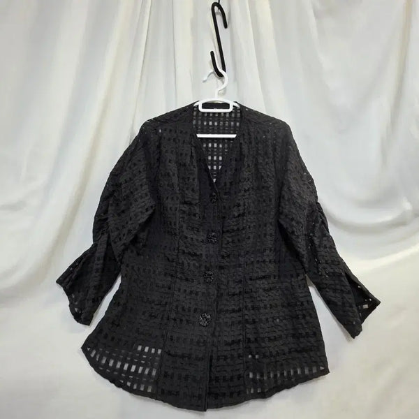 [BUNJANG] Acma Micano Black Mesh 8-part Check Pattern Blouse / Acma micano블랙메쉬8부 체크 패턴 블라우스