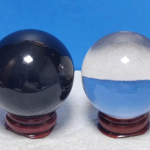 [BUNJANG] Natural Obsidian Sphere and Clear Crystal Sphere Set with Stand / 천연크리스탈 흑요석구+투명수정구+받침대