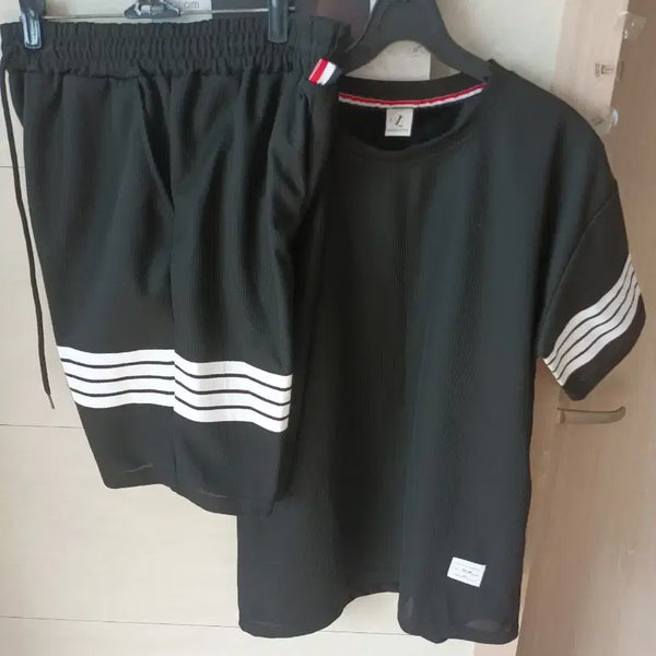 [BUNJANG] Black Three-Stripe Short Sleeve Shorts Set - L Size / 블랙  삼선 반팔 반바지 세트 L 새상품