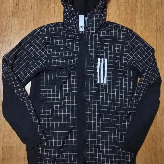 [BUNJANG] Adidas Primeblue Plaid Hooded Windbreaker Jacket / (매장판/새상품급)아디다스 프라임블루소재  블랙 화이트 격자 후드 방수바람막이 자켓, 100
