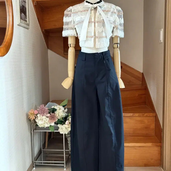 [BUNJANG] Lace Cropped Jacket & Navy Wide Pants Set / 숏자켓. 앤 네이비 와이드 팬츠