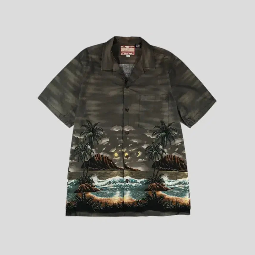 [BUNJANG] RJC Hawaiian Aloha Short Sleeve Shirt Multicolor Palm Tree Chest Pocket / RJC 브라운 타이다이 멀티컬러 체스트포켓 야자수 하와이안 알로하 반팔셔츠 하프셔츠 MADE IN HAWAII XL