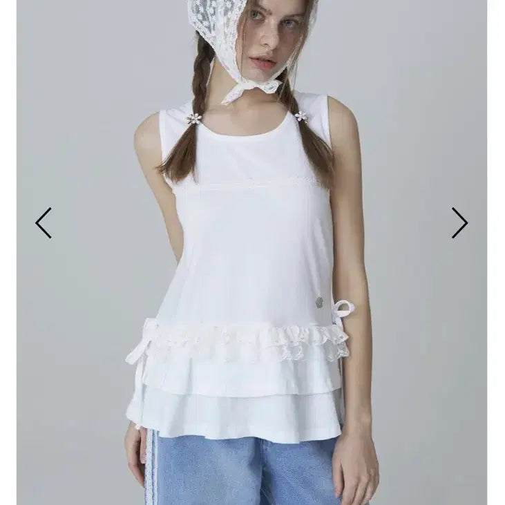 [BUNJANG] Ribbon Lace Frill Sleeveless - White / 리본 레이스 프릴 슬리브리스 - 화이트