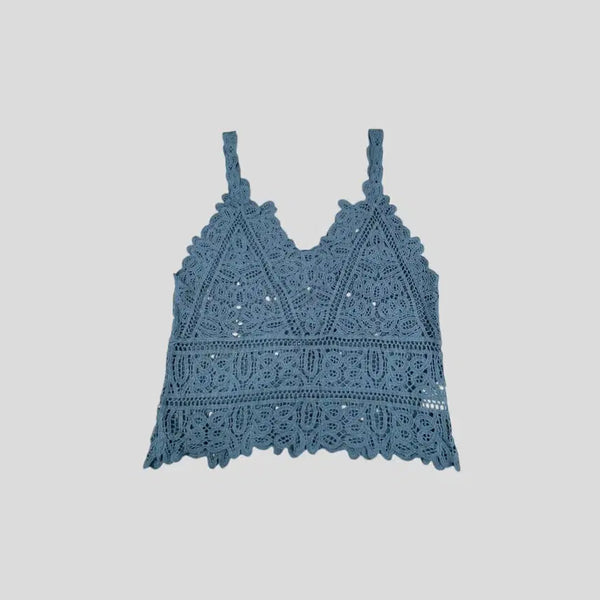 [BUNJANG] Vintage JP Punching Lace Sheer Busteir Layered Cotton V-Neck Sleeveless Top / 빈티지 JP 스카이블루 소라색 펀칭 레이스 시스루 뷔스티에 레이어드 코튼 브이넥 슬리브리스 민소매 나시 WOMANS L