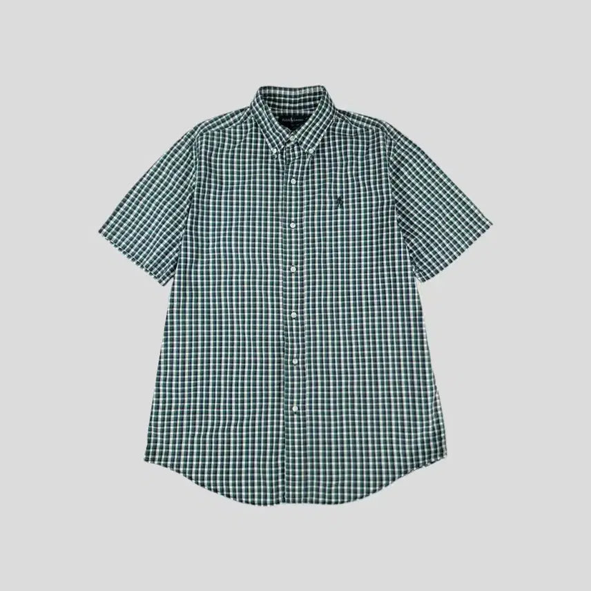 [BUNJANG] Polo Ralph Lauren 00s Gingham Check Button-Down Shirt / 폴로랄프로렌 두산 00s 그린 네이비 깅엄체크 딥그린포니 버튼다운 아메카지 코튼 반팔셔츠 하프셔츠 M