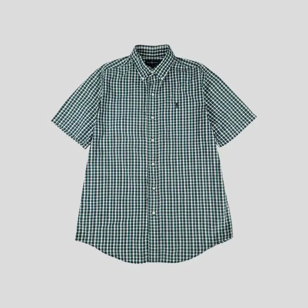 [BUNJANG] Polo Ralph Lauren 00s Gingham Check Button-Down Shirt / 폴로랄프로렌 두산 00s 그린 네이비 깅엄체크 딥그린포니 버튼다운 아메카지 코튼 반팔셔츠 하프셔츠 M