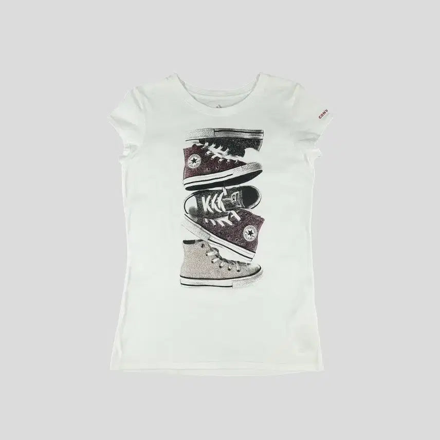[BUNJANG] Converse White Multicolor Logo High Top Sneakers Stack Glitter Y2K Old School Cotton T-Shirt - Women's M / 컨버스 화이트 멀티컬러 로고 하이탑 스니커즈 스택 글리터 Y2K 올드스쿨 코튼 반팔 티셔츠 WOMANS M