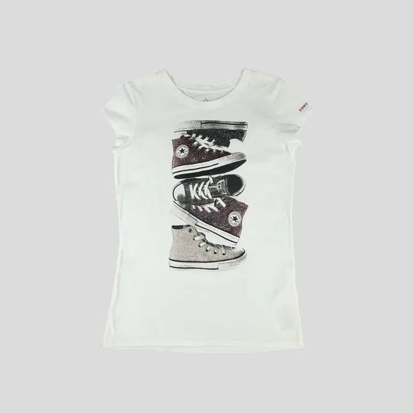 [BUNJANG] Converse White Multicolor Logo High Top Sneakers Stack Glitter Y2K Old School Cotton T-Shirt - Women's M / 컨버스 화이트 멀티컬러 로고 하이탑 스니커즈 스택 글리터 Y2K 올드스쿨 코튼 반팔 티셔츠 WOMANS M