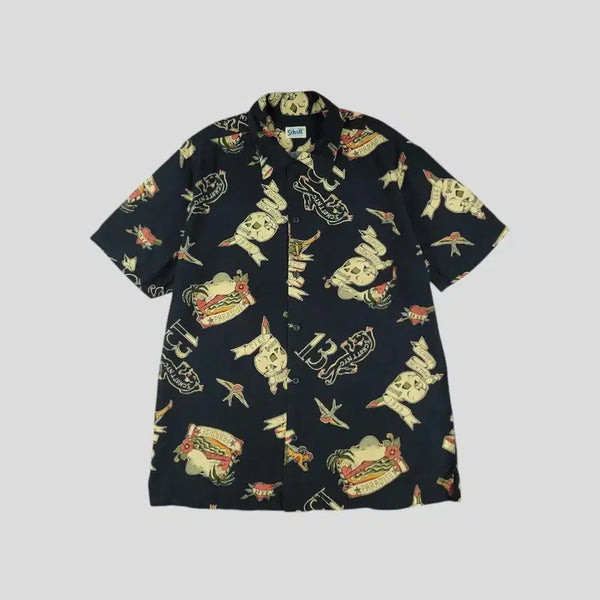 [BUNJANG] Schott NYC Pigment Skull Tattoo Aloha Half Sleeve Shirt XL / Schott NYC 쇼트 JP 피그먼트 블랙 베이지톤 스컬 세일러 타투 패턴 올드스쿨 스트릿 레이온블렌드 하와이안 알로하 반팔셔츠 하프셔츠 XL