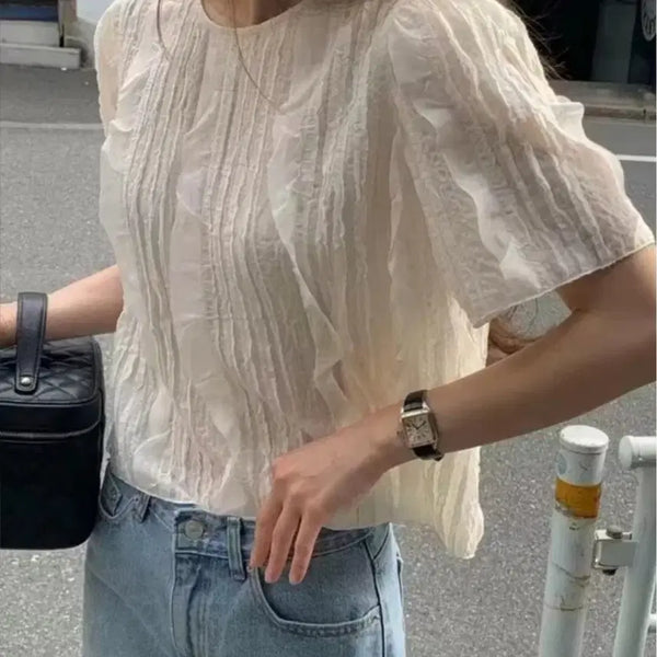 [BUNJANG] Crinkle Short Sleeve Blouse - Ivory / 크링클 반팔 블라우스 아이보리