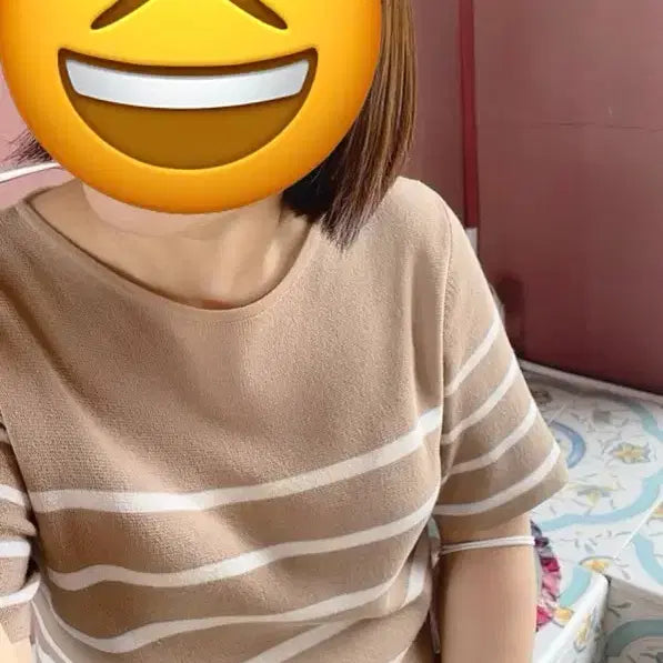 [BUNJANG] Beige Stripe Short-Sleeve Knit Long Dress / 베이지 스트라이프 반팔 니트 롱원피스