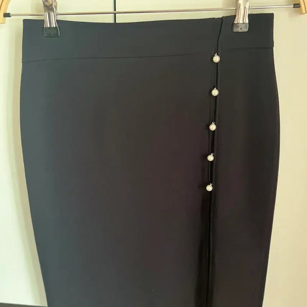 [BUNJANG] Pearl Button Deep Navy Skirt / 라인 진주 단추 딥네이비스커트