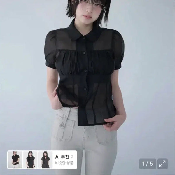 [BUNJANG] Mireco See-through Puff Blouse Black / 미레코 시스루 퍼프 블라우스 블랙
