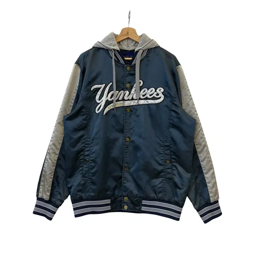 [BUNJANG] MLB New York Yankees Satin Hooded Varsity Jacket Blue / MLB 뉴욕양키스 새틴 후드 바시티 자켓 블루 100 정품