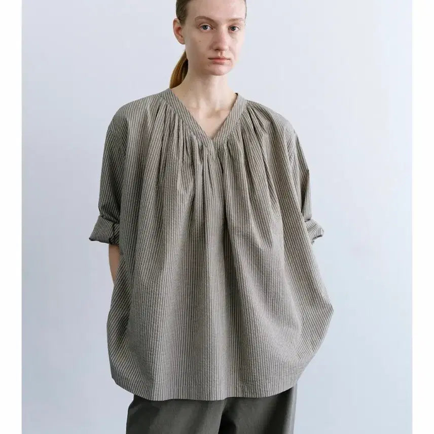 [BUNJANG] Mundal Elba Cotton Blouse - Khaki Stripe / 문달 Elba Cotton Blouse 카키스트라이프