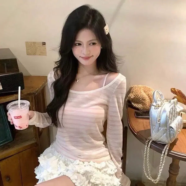 [BUNJANG] Pink Stripe Thin Long Sleeve T-Shirt (M) / 새상품 핑크 스트라이프 얇은 긴팔 티셔츠 M
