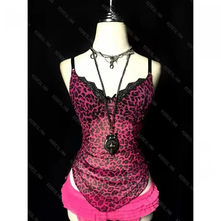 [BUNJANG] Pink Leopard Print Lingerie Slip Dress / 갸루깔 호피 핑크 레오파드 란제리 슬립