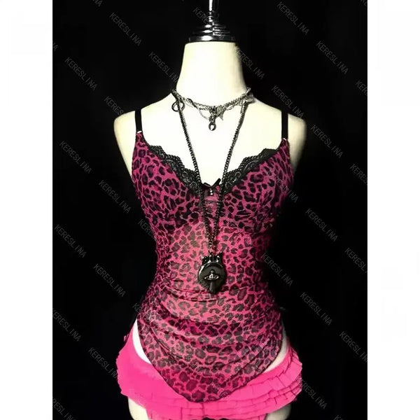 [BUNJANG] Pink Leopard Print Lingerie Slip Dress / 갸루깔 호피 핑크 레오파드 란제리 슬립