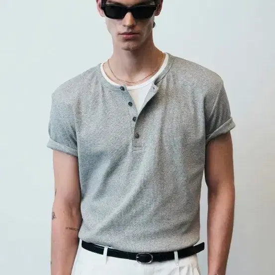 [BUNJANG] Blair Henley Neck Short Sleeve T-Shirt Gray / 블레이어 헨리넥 반팔