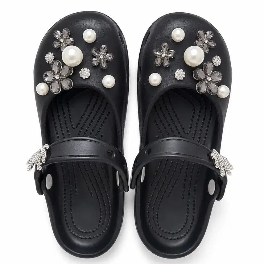 [BUNJANG] Black Pearl Flower Embellished Sandals / 블랙 진주 꽃 장식 샌들
