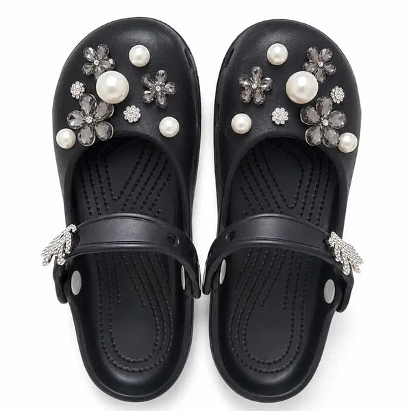 [BUNJANG] Black Pearl Flower Embellished Sandals / 블랙 진주 꽃 장식 샌들