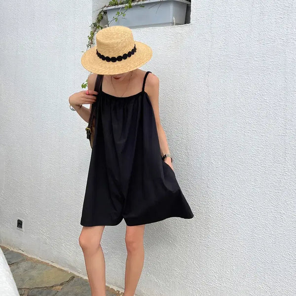 [BUNJANG] Black Bustier Short Jumpsuit with Back Ribbon Detail / 여성 끈나시 숏 해변가 점프슈트