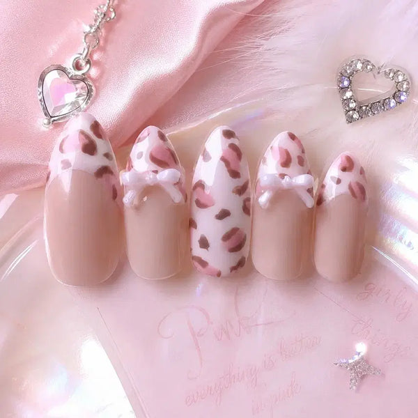 [BUNJANG] Hime Gyaru Leopard Ribbon Nail Tips / 설탕을 먹은 호피 수제네일팁/히메갸루/핑크/리본