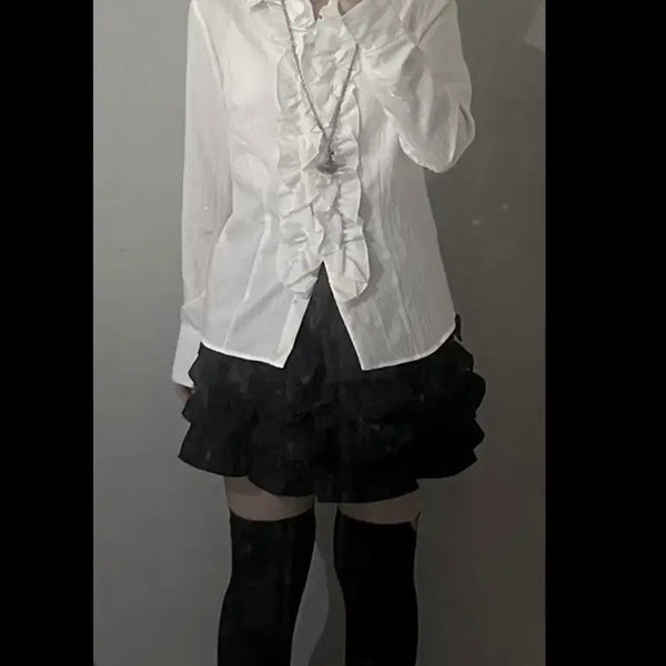 [BUNJANG] Gothic Lolita Ruffle Shirt / 공겜여주 갸루 고스로리 고딕 프릴 셔츠