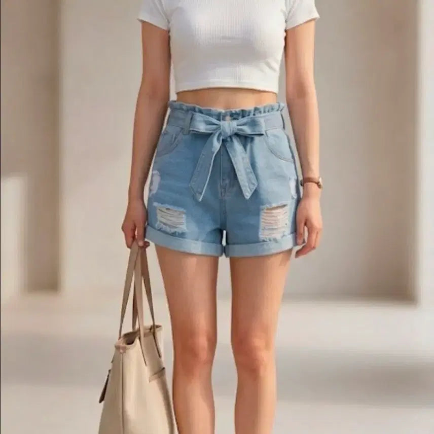 [BUNJANG] Light Wash Denim Distressed Denim Shorts (L) / 데님 연청 데미지 청반바지 L