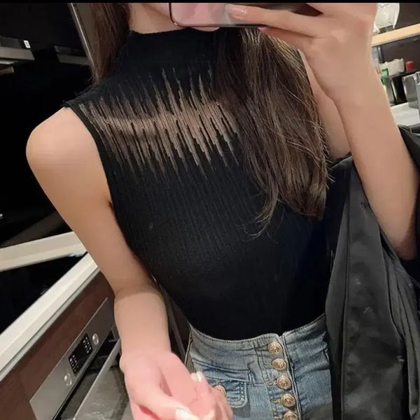 [BUNJANG] Black See-through Lace Knit Sleeveless Top / (새상품) 블랙 민소매 나시 시스루 레이스 니트티