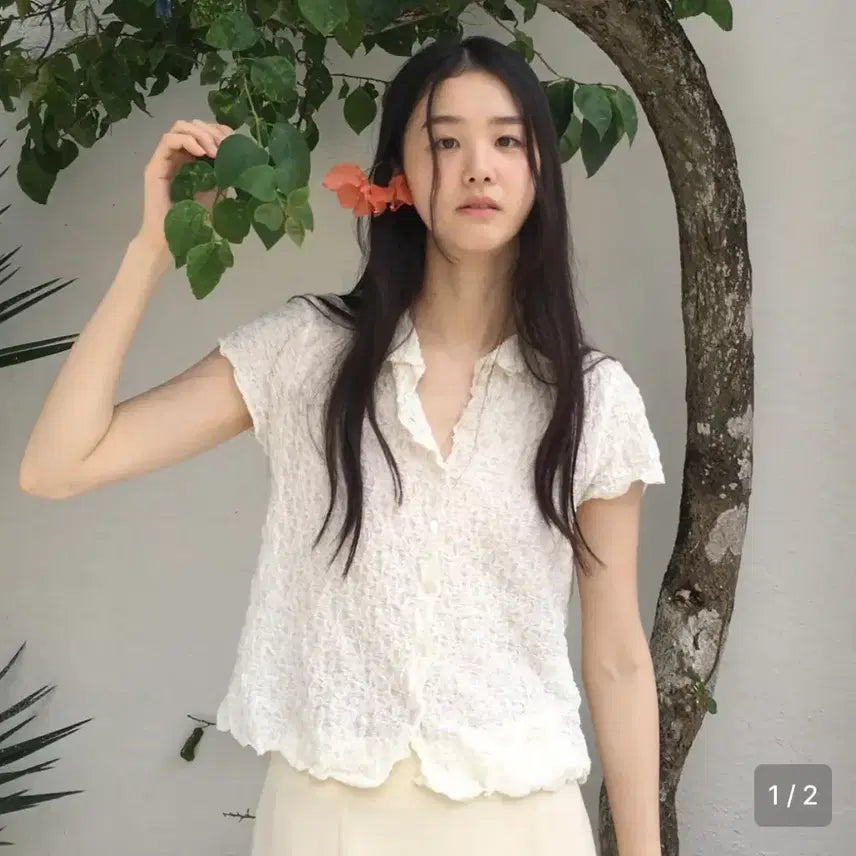 [BUNJANG] HOW'S BLISS RIPPLE HALF SHIRT CREAM / 호와스 BLISS RIPPLE HALF SHIRT CREAM