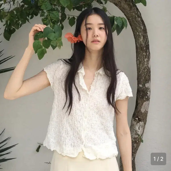 [BUNJANG] HOW'S BLISS RIPPLE HALF SHIRT CREAM / 호와스 BLISS RIPPLE HALF SHIRT CREAM