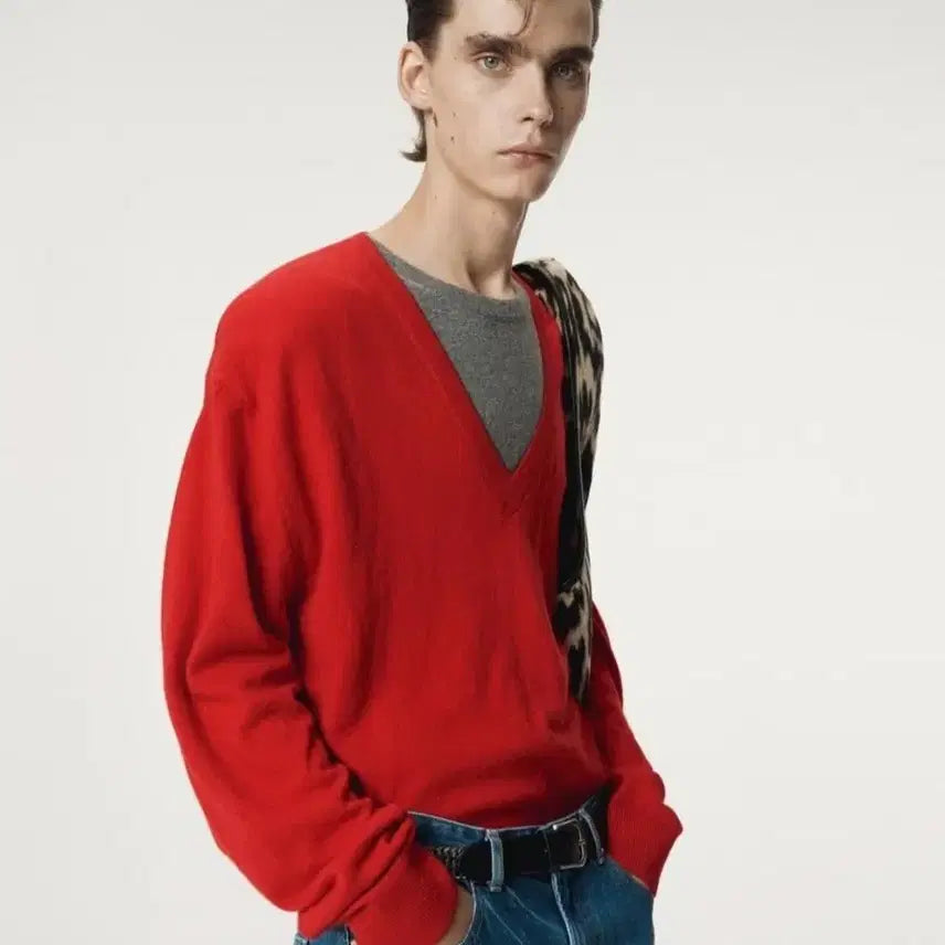 [BUNJANG] Recto Layered V-neck Knit Red M / 렉토 레이어드 브이넥니트 레드 M