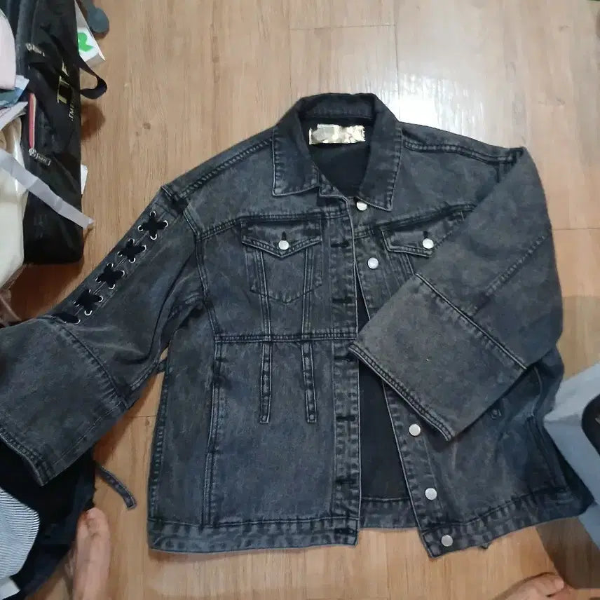 [BUNJANG] Unisex Denim Jacket M Vintage Wash String Detail / 데님 자켓/M이지만 크게나온사이즈
