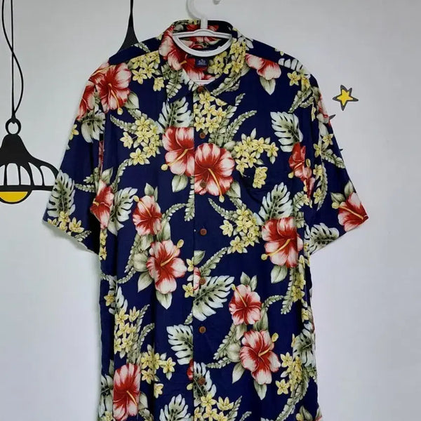 [BUNJANG] Lands' End Men's Rayon Aloha Hawaiian Shirt (Navy/Red Hibiscus Pattern) / [M] Lands' End 레이온 100% 알로하 하와이안 셔츠