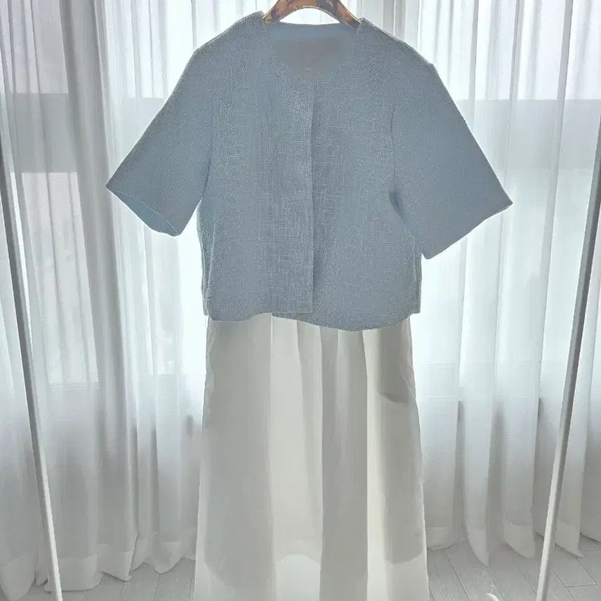 [BUNJANG] Sky Blue Tweed Jacket and White Dress Set / 하늘색 트위드 자켓 화이트 원피스 세트