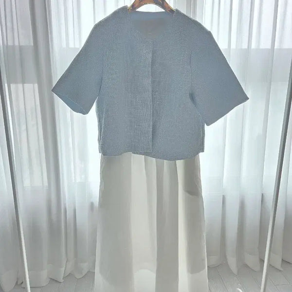 [BUNJANG] Sky Blue Tweed Jacket and White Dress Set / 하늘색 트위드 자켓 화이트 원피스 세트