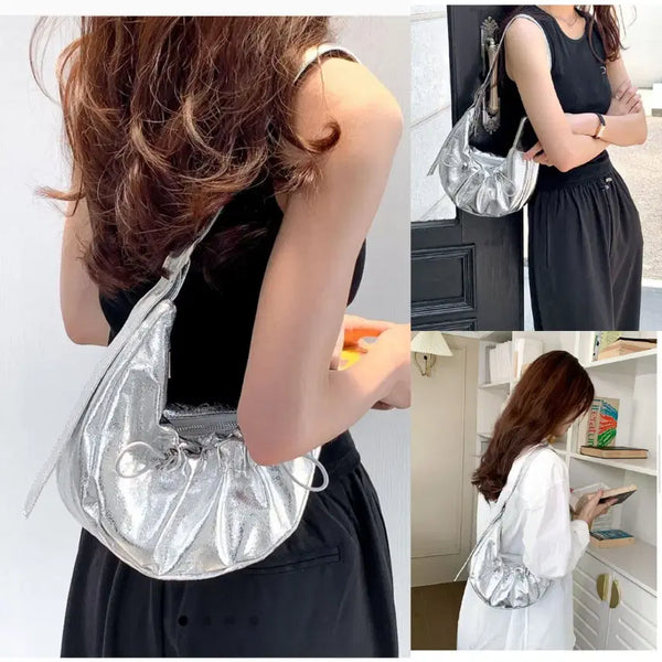 [BUNJANG] Glossy Shirring Mini Hobo Bag Silver Metal Y2k / 실버 메탈 숄더백 호보백 글로시 셔링 미니백 Y2k