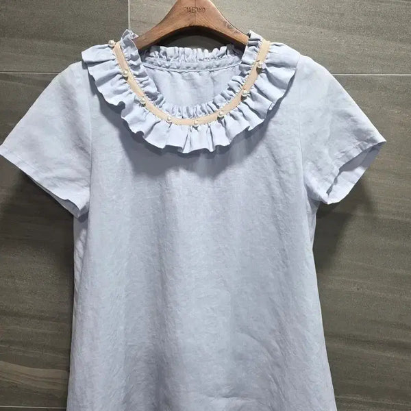 [BUNJANG] iann Linen Pearl Frill Blouse / iann 이안, ,린넨 100% 진주장식 프릴 블라우스 F,  거의 새상품