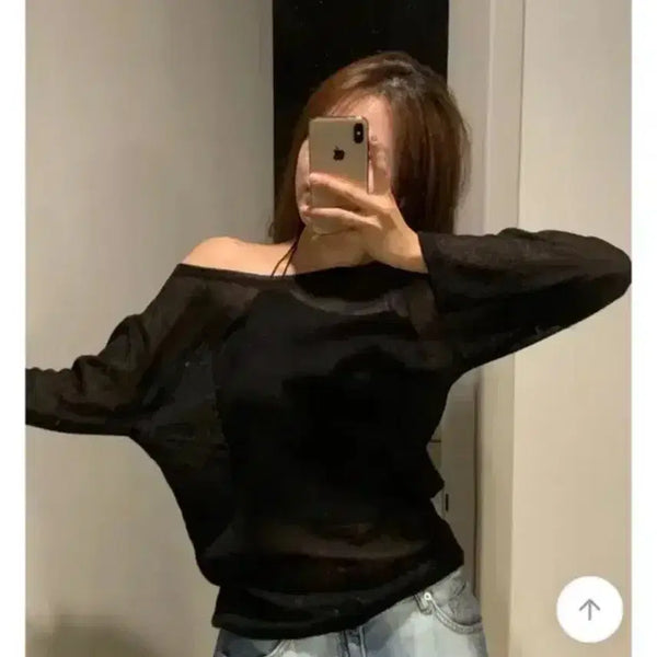 [BUNJANG] Black Off-Shoulder Sheer Knit Top / 블랙 오프숄더 얇은 니트 (살안타 니트) (시스루 니트) (여름 니트)